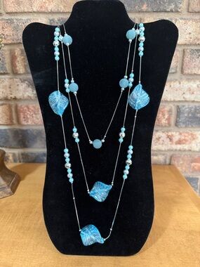 Vintage Blue glass leaf beaded silver tone necklace